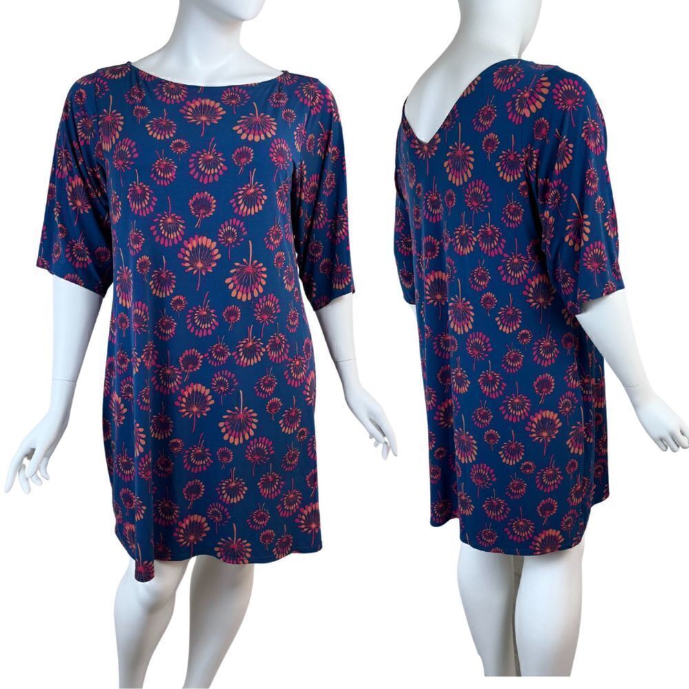 Leota Women Size 2XL Blue Floral Shift Pullover Jersey Knit Dress Casual FLAWED
